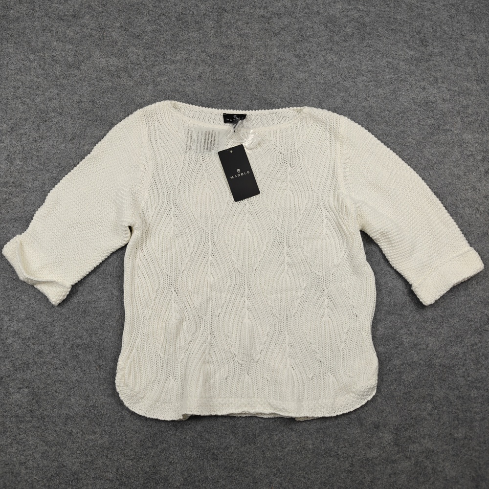 Marble Sweater Womens Medium White Cable-Knit Pullover 3/4 Sleeve Relaxed